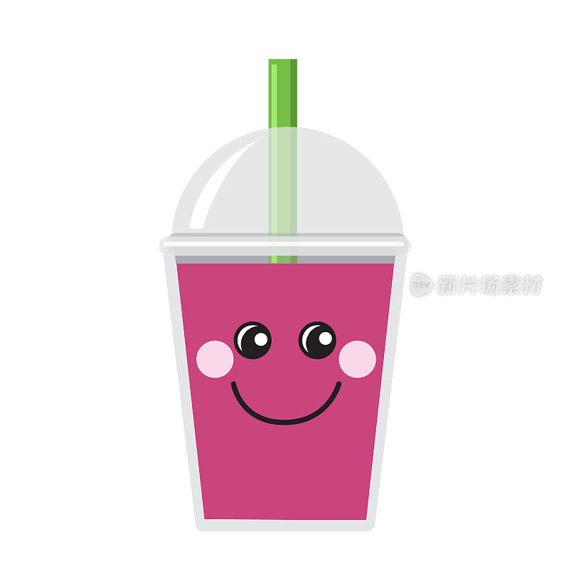 Happy Emoji Kawaii face on Bubble or Boba Tea Cherry Flavor Full color Icon on white background